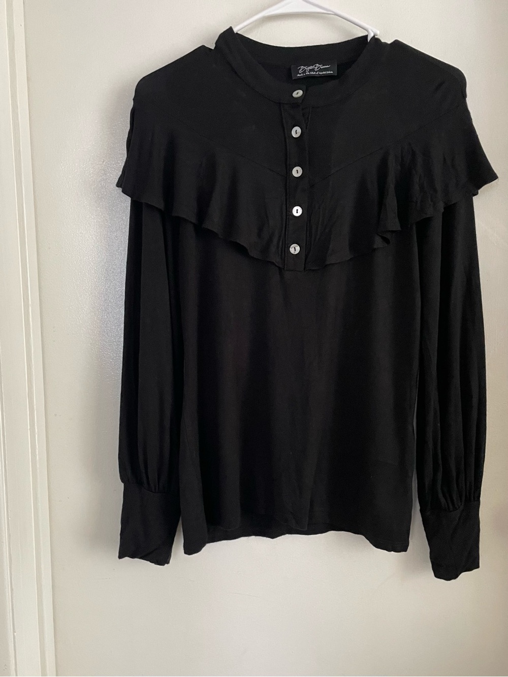 Ruffled Yoke Button-Front Blouse in Black